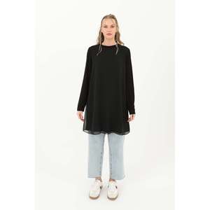 Blusa de cuello alto para mujer, gasa, color crudo, con detalles de encaje 10269TUN - Product Image 5