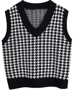 Suéter de Punto para Mujer, Nuevo, Otoño e Invierno, con Estampado a <span class=keywords><strong>Cuadros</strong></span>, Cuello en V, <span class=keywords><strong>Chaleco</strong></span> de Punto con Cinturón - Product Image 1