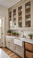 Meuble de cuisine de style américain classique, niche à fenêtre cintrée avec évier de ferme