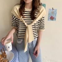T-shirt en tricot rayé à manches courtes et col rond pour femme, décontracté et polyvalent, de haute qualité