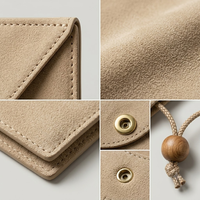 Pochette à bijoux en daim personnalisée avec rabat, fermeture à pression et cordon de serrage, fermeture à perles en bois, OEM ODM