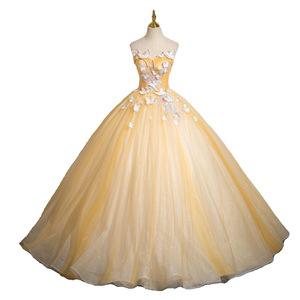 Strapless Gold Tulle Ball Gown Dress With 3D Floral Embellishments Empire Waistline For Prom And Formal Events - Product Image 5