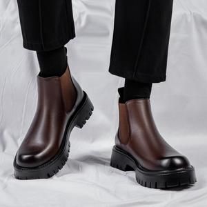 Bottes Chelsea en cuir PU élégantes et confortables pour homme, à semelle épaisse rehaussante, style habillé, à enfiler, montantes à la cheville - Product Image 3