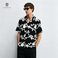Chemise imprimée pour homme Applique Bloom en coton Tencel noir et blanc, style cubain, pour l'été, la plage et les vacances