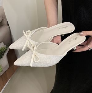 Mules de Encaje con Punta en Pico para Mujer, Tacones Bajos Cómodos con Lazo, Elegantes Zapatos de Vestir para Oficina, Sandalias, Pantuflas - Product Image 3