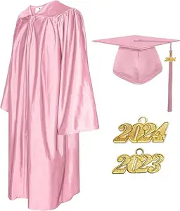 12 Colors Shiny Fabric University Graduation Cap Gown Tassel College Grad Unisex Uniform Adults With 2024 Year Drop