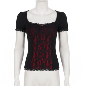 T-shirt pour femme style gothique sombre, patchwork de dentelle, color block, col carré, manches bouffantes, mode estivale, haut rétro de niche avec nœud - Product Image 6