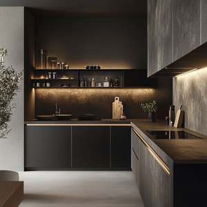 Juego de Cocina de Madera Contrachapada Maciza, Gabinetes con Lacado Negro, Puerta de Porcelana, Bisagras Integradas, Opciones de Cocina: Mármol, Laminado, Granito - Product Image 1