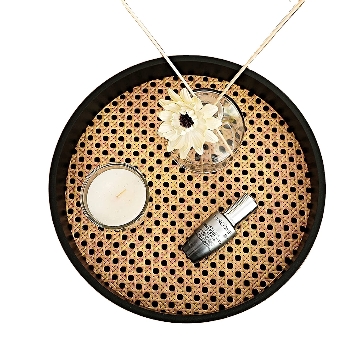 rattan storage tray Wood Round Serving Tray with Black Wooden Frame