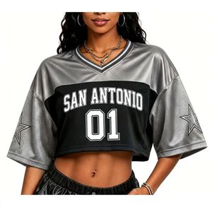 <span class=keywords><strong>Maillot</strong></span> de sport personnalisé des <span class=keywords><strong>San</strong></span> <span class=keywords><strong>Antonio</strong></span> <span class=keywords><strong>Spurs</strong></span> pour femme, coupe ample et oversize, épaules tombantes, en maille, style crop top, pour fêtes et événements, faible MOQ - Product Image 5