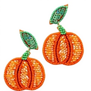 Boucles d'oreilles mignonnes en perles de fruits pour femmes, clous faits à la main en forme d'orange avec feuilles vertes, perles de rocaille et paillettes - Product Image 1