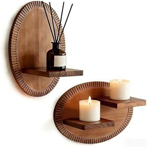 Wooden Wall <b>Shelf</b> Circular Design With Candle Holder For Living Room Decor - Product Image 5