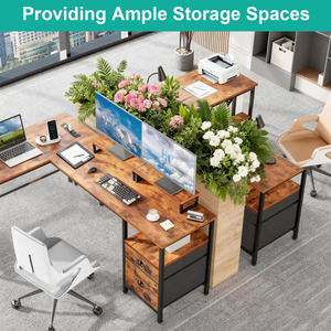 Reversible L Shaped <strong>Desk</strong> with <strong>UK</strong> Power Strip - Home Office Gaming <strong>Desk</strong> with File Drawer, 2 Monitor Stands &amp; Storage Shelves - Product Image 6