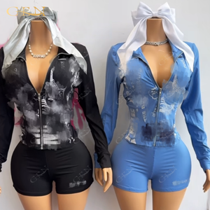 ชุดกีฬา G00014S 2ชิ้นมีซิปแขนยาวและกางเกงขาสั้นสำหรับผู้หญิงใส่ในฤดูร้อน2025 - Product Image 2