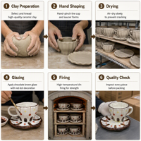 Ensemble tasse et soucoupe en céramique et porcelaine, motif à pois rétro peint à la main, bord ondulé texturé irrégulier, compatible lave-vaisselle et micro-ondes, réutilisable