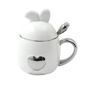 Rabbit Ceramic Mug With Lid And Spoon Silver Finish <b>Large</b> Capacity For <b>Tea</b> Coffee Drinks - Product Image 1