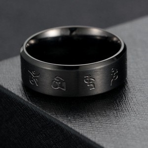 Chinese Style Unisex Black Plated Titanium Steel <b>Ring</b> With Tibetan Script Design For Men Women Gift Jewelry - Product Image 4