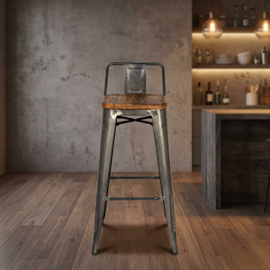 Taburete de Bar Comercial de Hierro y Metal con Diseño Antiguo Industrial Vintage Indio, Asiento de Madera y Cuero de Lujo Nidran Art Export Bar - Product Image 2