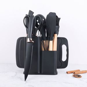 Juego de utensilios de cocina de silicona de 19 piezas al por mayor personalizado con tabla de cortar, cubo de almacenamiento con mango de madera, cuchillo y utensilios de cocina antiadherentes - Product Image 3