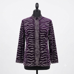 Glamorous Purple Velvet Women's <b>Jacket</b> Showcasing Artistic Zebra Pattern with Shimmering Silver Beads Hand Embellished Finish - Product Image 1