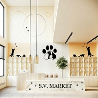 Aménagement intérieur de magasin d'articles pour animaux de compagnie, mobilier de présentation sur mesure pour animalerie, présentoir pour aliments pour chats, rénovation de magasin