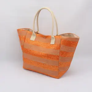 Hot Selling Jute Tote Bag Shining Orange Stripe Jute Gift Bags Portable Women Jute Shopping Beach Bag