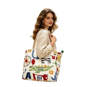 Wholesale Custom Cartoon Printed Cotton Canvas Eco-Friendly <b>Rope</b> Shopping Tote Bag Large Capacity Customizable Graphic Shoulder - Product Image 1