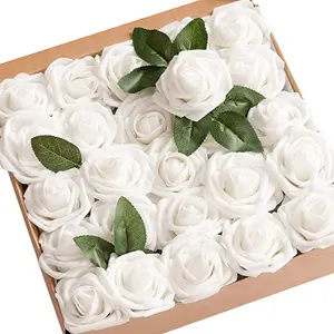 Rosas artificiales de espuma de marfil con tallos, ramos de boda artesanales, decoraciones para mesas de fiesta de boda, color blanco, 25 uds.