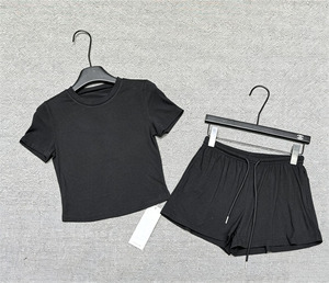 Conjunto de Dos Piezas Personalizado con Logotipo para Mujer, Camiseta Corta de Cuello Redondo y Manga Corta, Pantalones Cortos con Cordón, Múltiples Colores, Ropa Informal de Seda - Product Image 2
