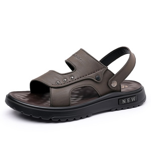 Men's Leather <b>Sandals</b> Flat Slip-On Soft Sole Beach Shoes Khaki Black Youth 2024 Style - Product Image 5