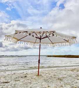 Sombrilla de Playa Bohemia de Macramé con Borlas de Ganchillo, Poste de Madera Manual, Panel de Pongee, Toldo de Algodón, 120 cm de Diámetro Abierto, 12 Varillas, Ideal para Viajes - Product Image 1