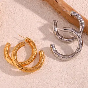 Minimalist Hammered Hollow Out C Shape Hoop Earring PVD Gold Plated Stainless Steel Fashion Jewelry