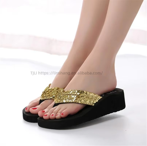 <b>Shoes</b> for Women New Styles Summer New Sequined Thick-soled Beach Wedge Flip-flops Slippers for Women - Product Image 5