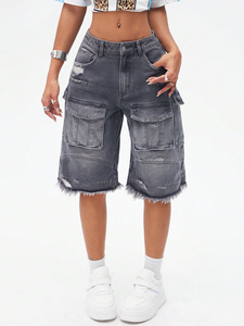 Tùy Chỉnh Phụ Nữ Phụ Nữ Thời Trang Phố Quần Denim Jeans Baggy Giữa Chiều Dài Quần Phụ Nữ Denim Túi Quần Short - Product Image 2