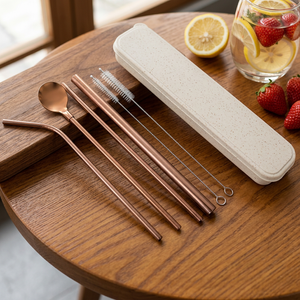 Reusable <b>Metal</b> Drinking <b>Straws</b> Set 4 Pack Rose Gold Minimalist Cocktail Bar Accessories with Cleaning Brush and Carry Case - Product Image 2