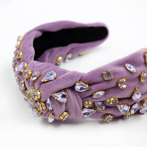 Finestyle colore viola fodera in finta pelle scamosciata tessuto turbante in <span class=keywords><strong>velluto</strong></span> materiale fascia moda fatta a mano con cristalli - Product Image 3