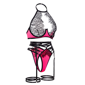 <b>Sexy</b> Bondage Hollow Out Contrast Color Lingerie <b>Set</b> Hot Selling Eyelash Lace Three Piece Bra Brief <b>Set</b> - Product Image 5