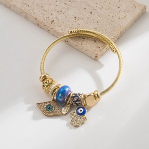 Bracelets jonc ajustables en acier inoxydable <span class=keywords><strong>avec</strong></span> pendentif œil porte-bonheur et main de Hamsa en alliage, décor de perles assorties, bijoux de mode pour femmes - Product Image 5