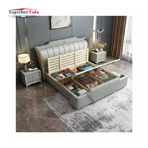 Lit en cuir moderne minimaliste de taille Queen avec rangement, design durable et écologique, options de couleur personnalisées, best-seller - Product Image 2
