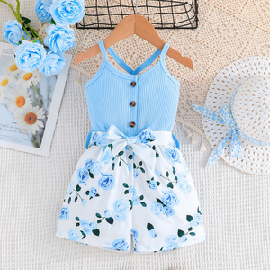 Tutina Estiva Floreale per Bambine, Jumpsuit a Costine con Stampa a Fiocco, Poliestere, Produzione Diretta dalla Fabbrica di Abbigliamento per Bambini del Guangdong, MOQ Basso - Product Image 1