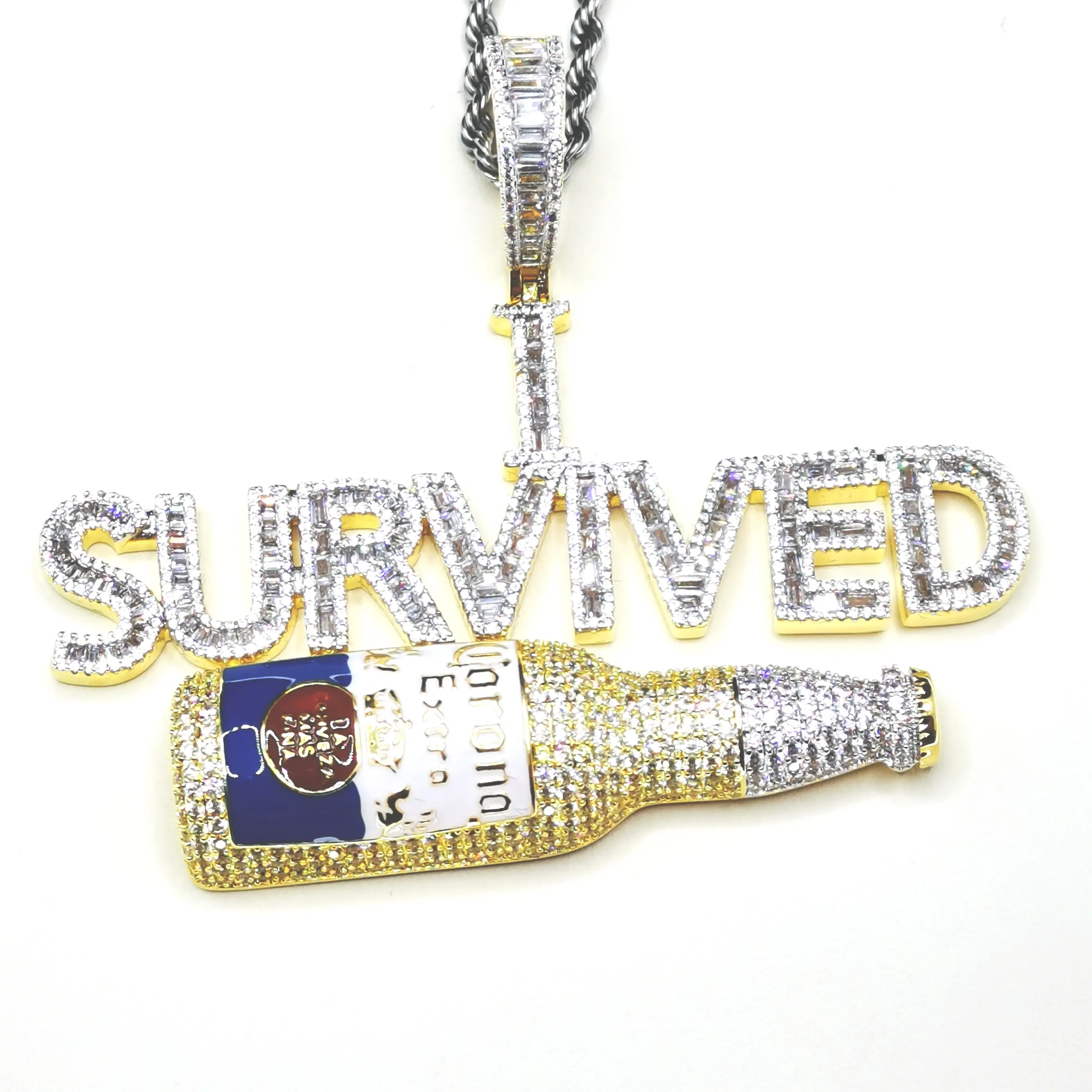 Wholesale high quality hip hop fully icedout two tone brass and 925 sterling silver double layer baguette font I SURVIVE Corona