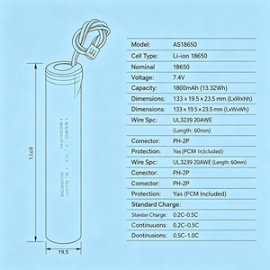 แบตเตอรี่ลิเธียมไอออนทรงกระบอกแบบชาร์จได้ 18650 7.4V 1800mAh ชุด 2S พร้อมสายไฟสำหรับของเล่น - Product Image 2