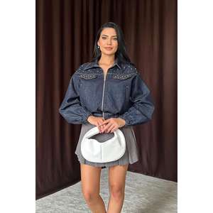 Chaqueta Corta de Mezclilla Azul para Mujer, 100% Algodón con Decoración de Cuentas, Top de Moda - Product Image 3