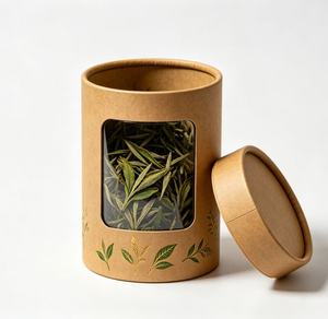 Custom Kraft Paper Tube With Clear <b>Window</b> For Tea Packaging Recyclable Airtight Craft Cylinder Gold <b>Foil</b> Leaf Design - Product Image 1