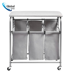 Cesta de carrito de <span class=keywords><strong>ropa</strong></span> sucia, clasificador triple con tabla de <span class=keywords><strong>planchar</strong></span>, cesto rodante <span class=keywords><strong>para</strong></span> <span class=keywords><strong>ropa</strong></span> sucia - Product Image 2