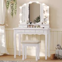 Table de maquillage avec miroir LED et tiroirs, coiffeuse blanche avec miroir éclairé, bureau et chaise de coiffeuse