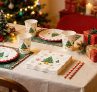 Lot de vaisselle jetable en papier pour Noël, série mignonne et chaleureuse, assiettes et ustensiles de table écologiques pour dîner de fête