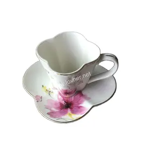 porcelain coffee cup saucer ceramic lucky leaf clover cup&saucer with gold rim aqua flower design for wedding home