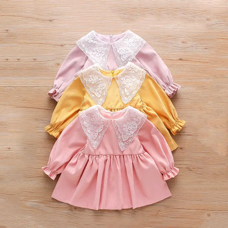 Cute Lace Autumn Spring Winter Baby Girl's Holiday Christmas Dress Pink Smocked Corduroy for Baby and Little Girls