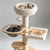 Arbre à chat multi-niveaux CreamDen 152,5 cm avec structure en MDF et placage de bois de bruyère, tressé de sisal, avec niche pour chat, bol en acrylique transparent et grand panier en peluche